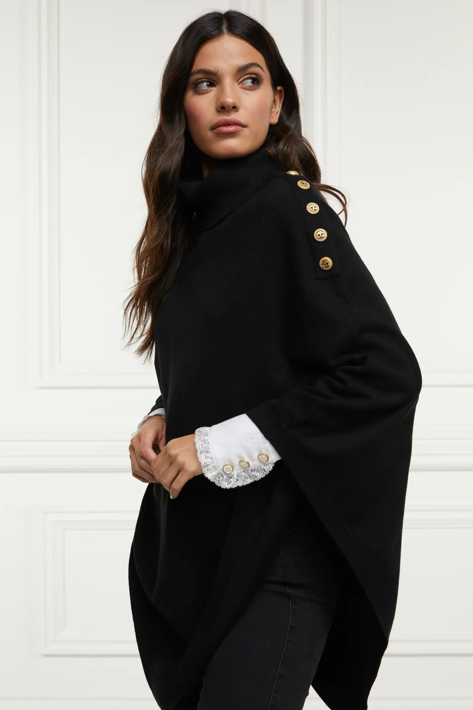 Holland Cooper Knitwear|Capes-Roll Neck Cape Black