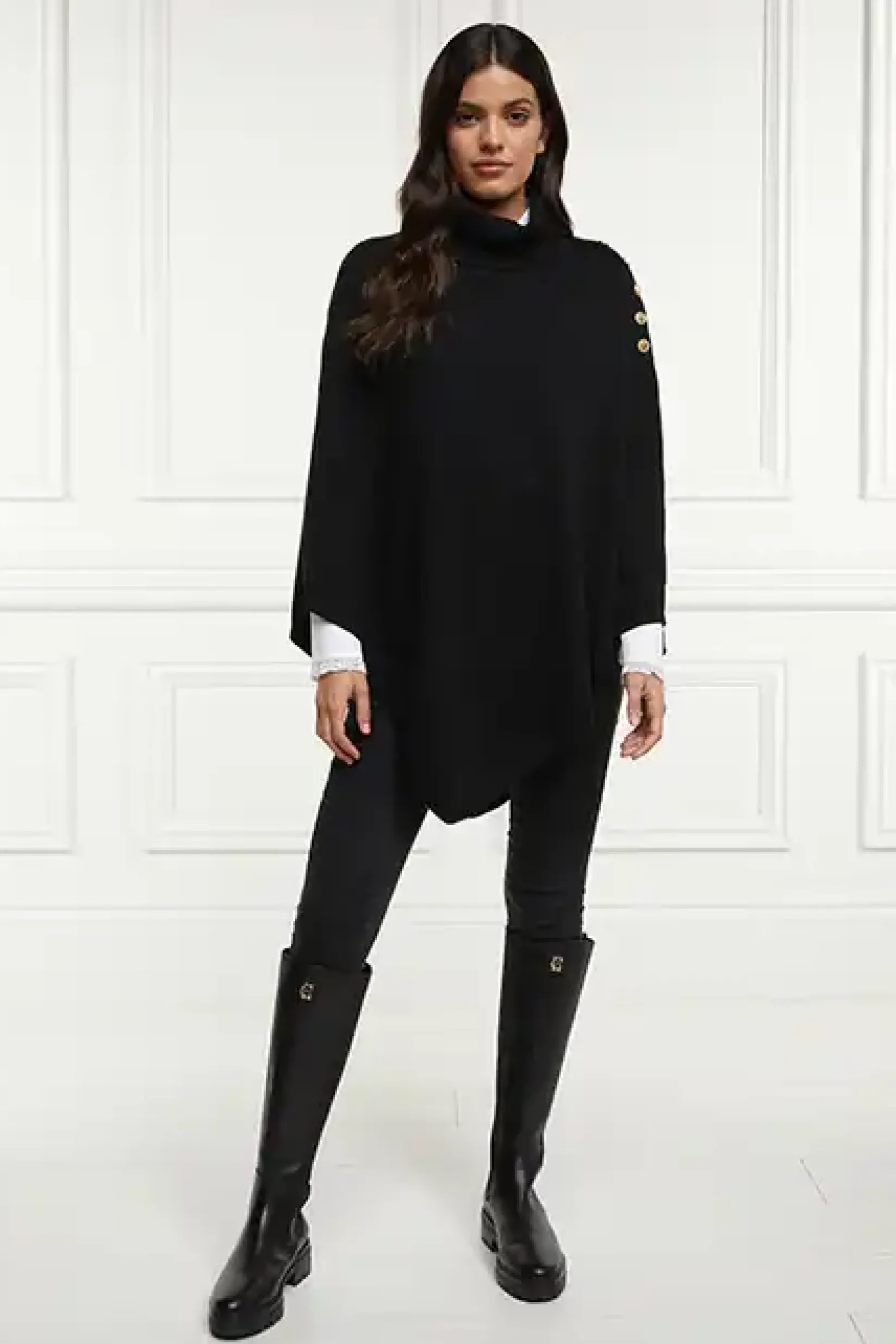 Holland Cooper Knitwear|Capes-Roll Neck Cape Black