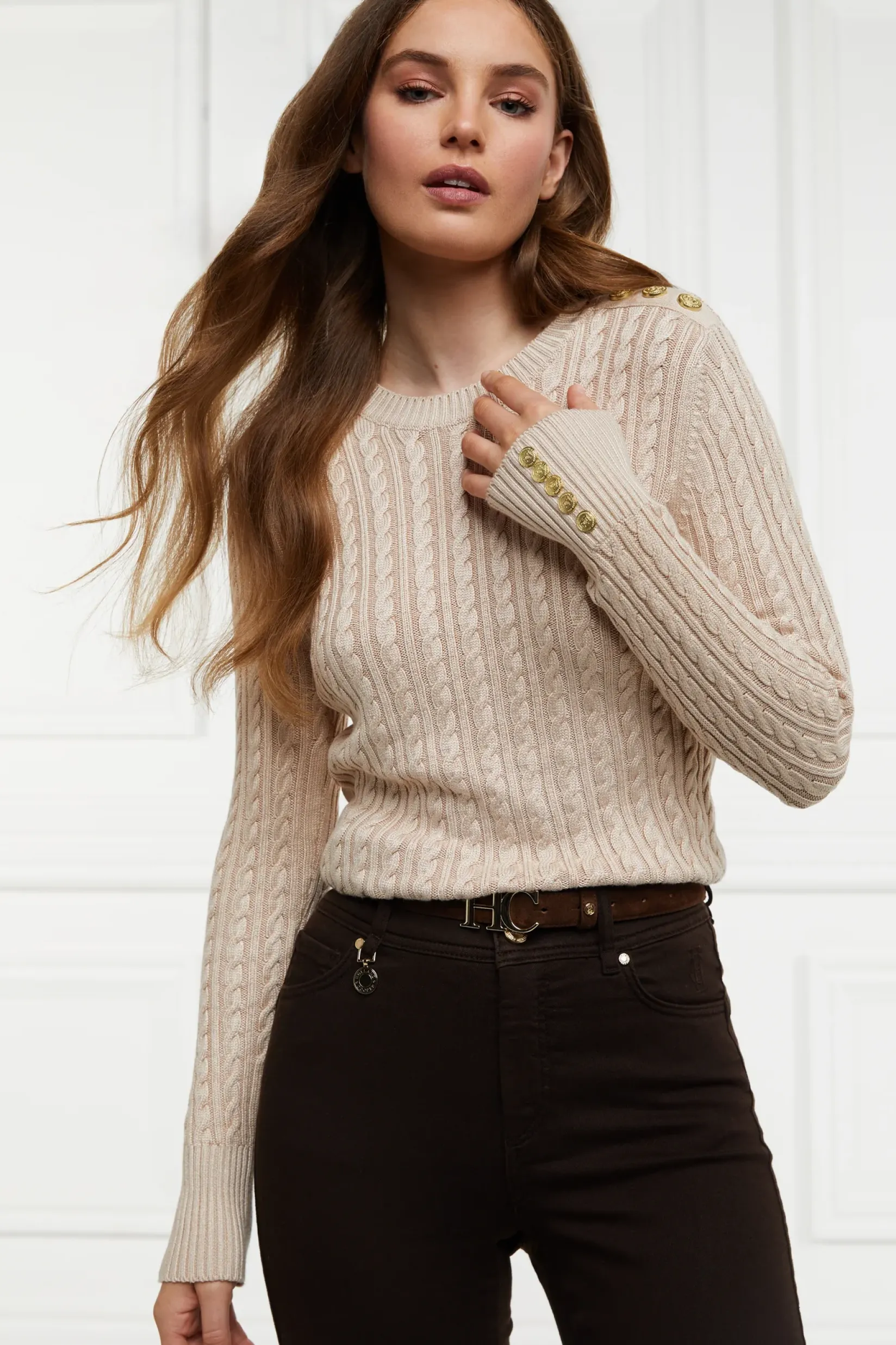 Holland Cooper Knitwear|Wardrobe Staples-Seattle Cable Crew Knit Oatmeal