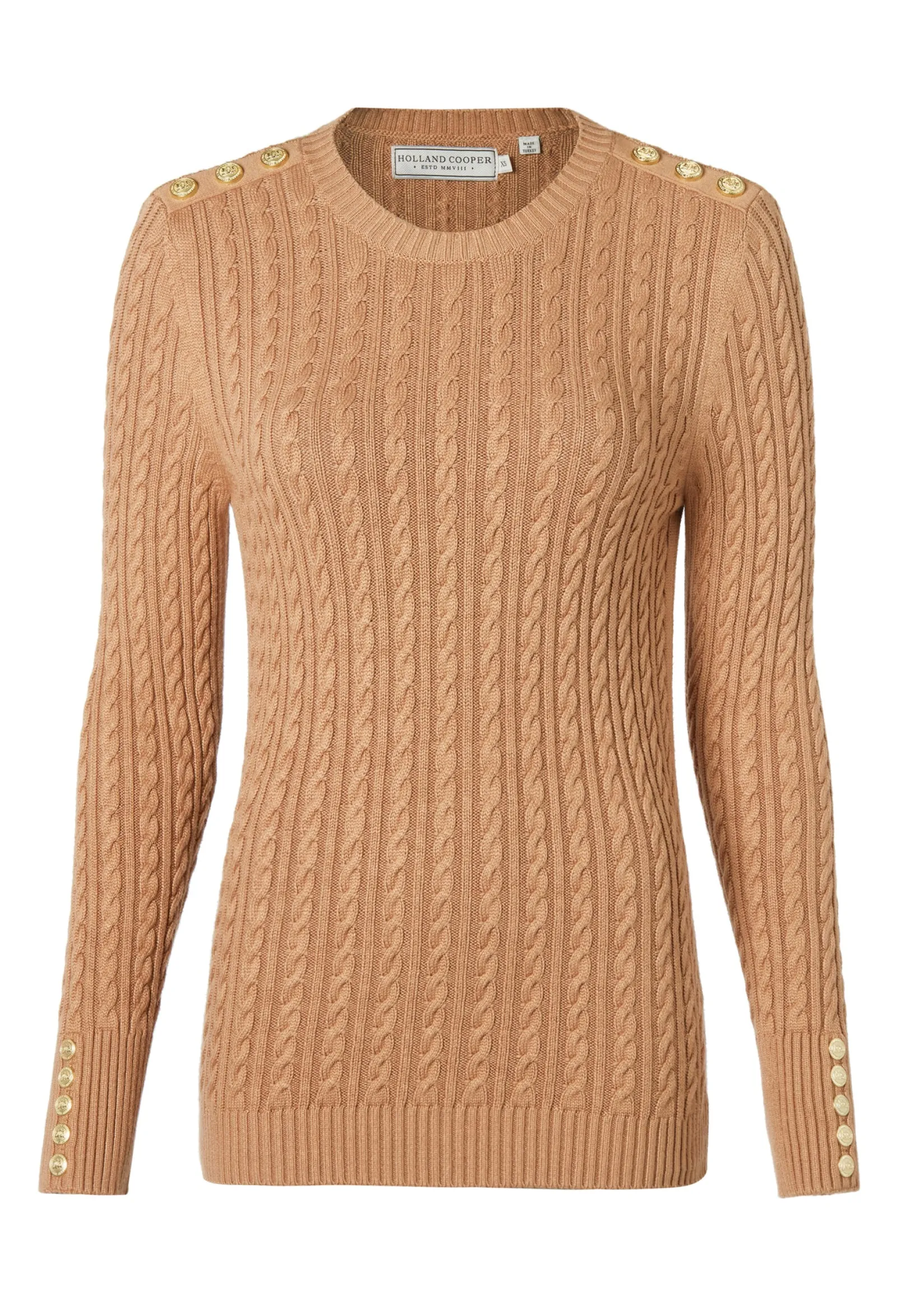 Holland Cooper Knitwear|Wardrobe Staples-Seattle Cable Crew Knit Dark Camel