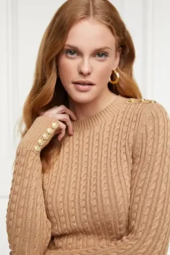Holland Cooper Knitwear|Wardrobe Staples-Seattle Cable Crew Knit Dark Camel