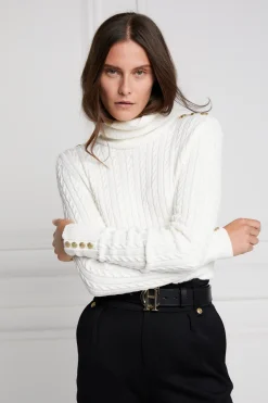 Holland Cooper Knitwear|Wardrobe Staples-Seattle Roll Neck Cable Knit Winter White