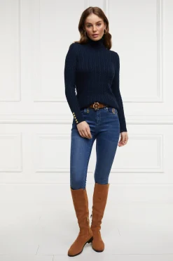 Holland Cooper Knitwear-Seattle Roll Neck Cable Knit Ink Navy