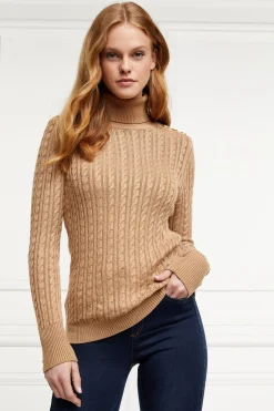 Holland Cooper Knitwear|Bump Friendly Collection-Seattle Roll Neck Cable Knit Dark Camel Marl