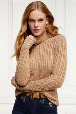 Holland Cooper Knitwear|Bump Friendly Collection-Seattle Roll Neck Cable Knit Dark Camel Marl