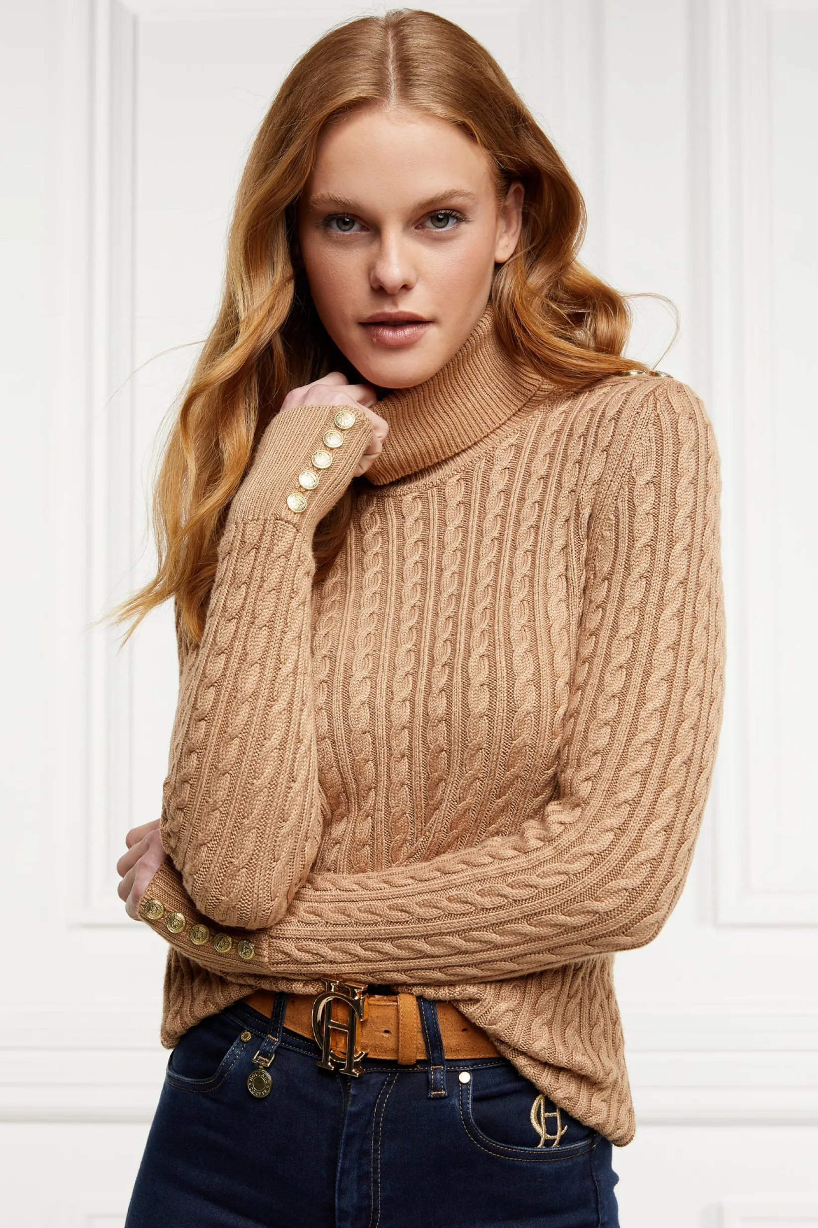 Holland Cooper Knitwear|Bump Friendly Collection-Seattle Roll Neck Cable Knit Dark Camel Marl