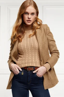Holland Cooper Knitwear|Bump Friendly Collection-Seattle Roll Neck Cable Knit Dark Camel Marl