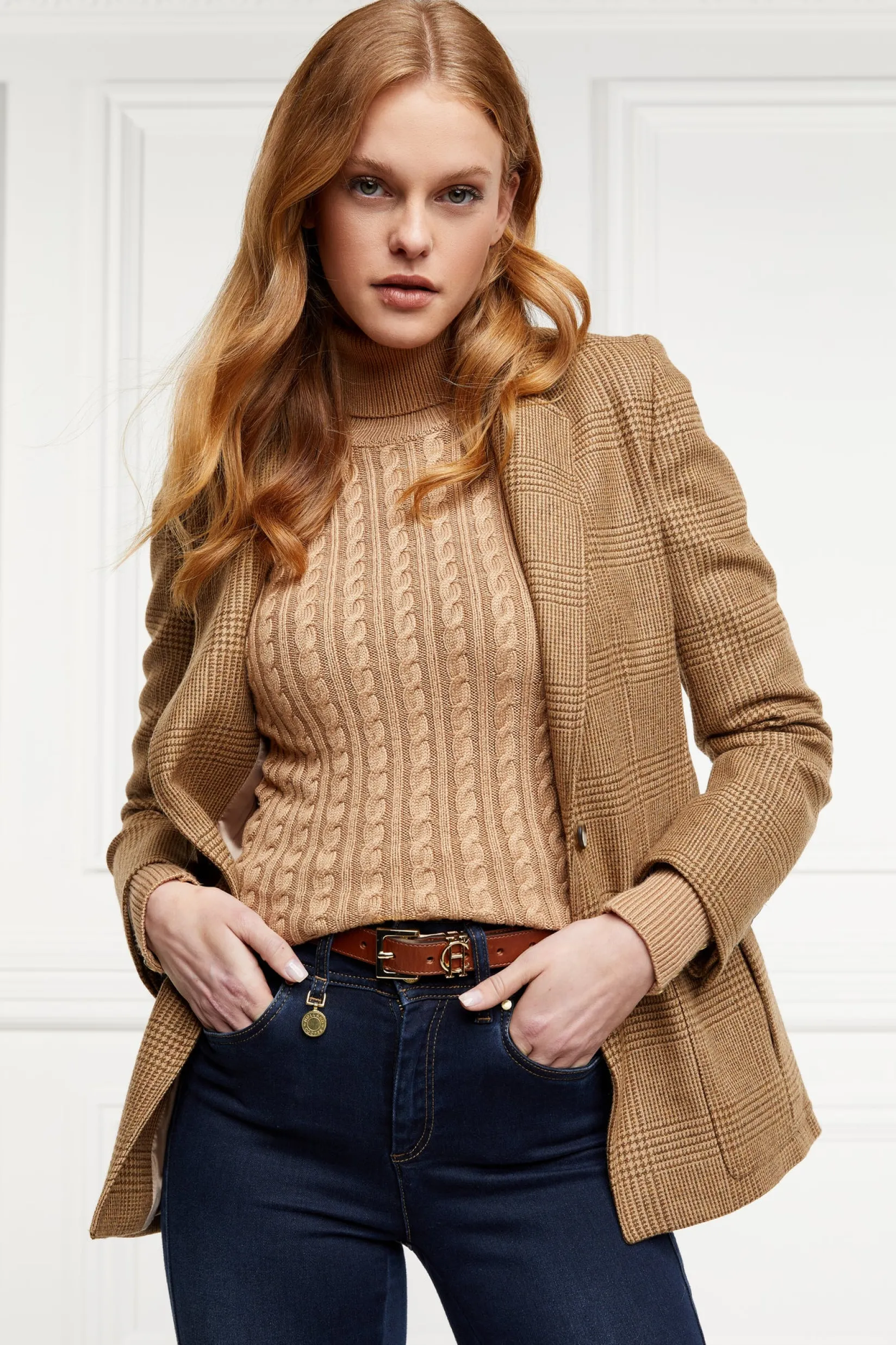 Holland Cooper Knitwear|Bump Friendly Collection-Seattle Roll Neck Cable Knit Dark Camel Marl