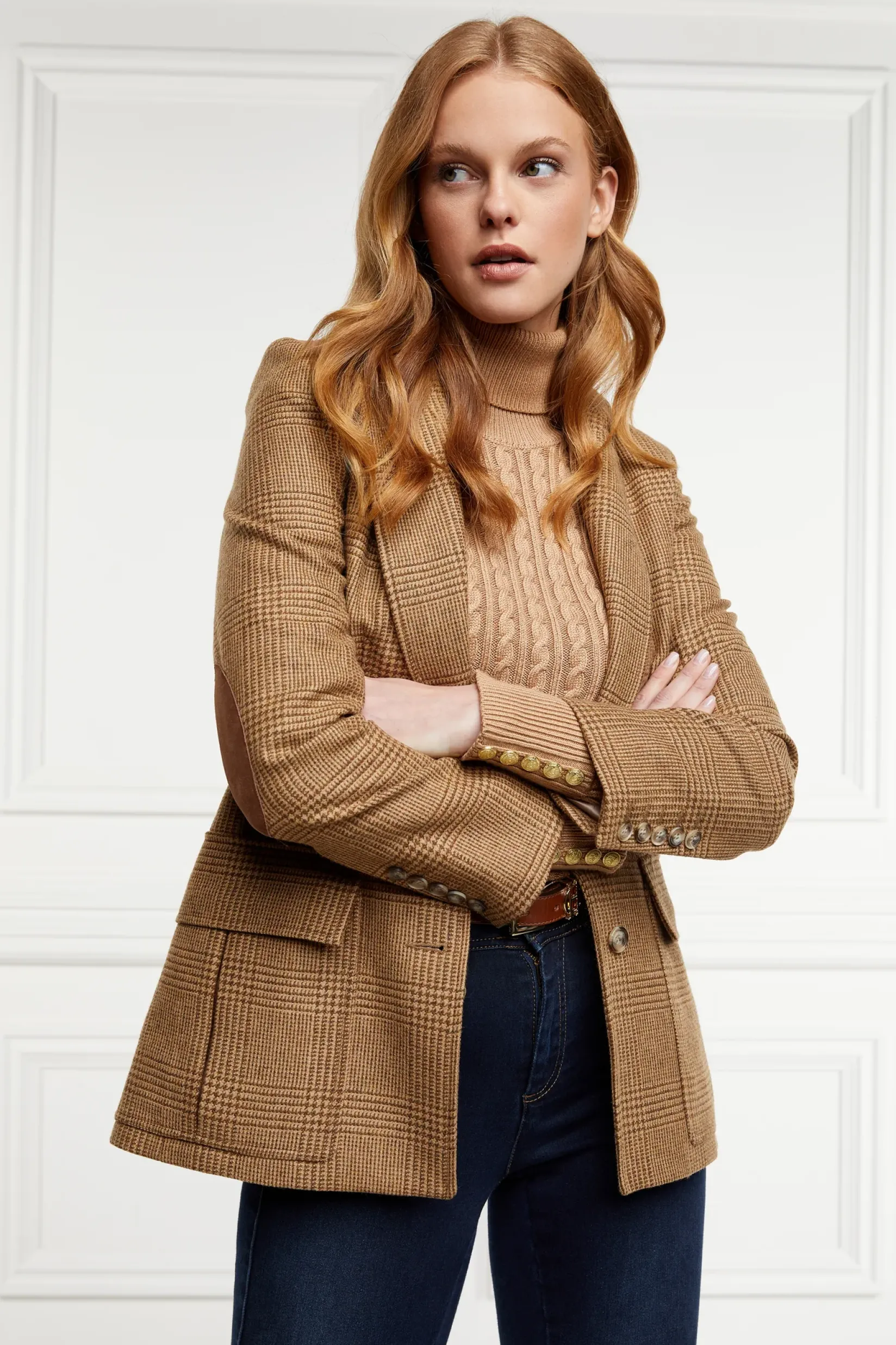 Holland Cooper Knitwear|Bump Friendly Collection-Seattle Roll Neck Cable Knit Dark Camel Marl
