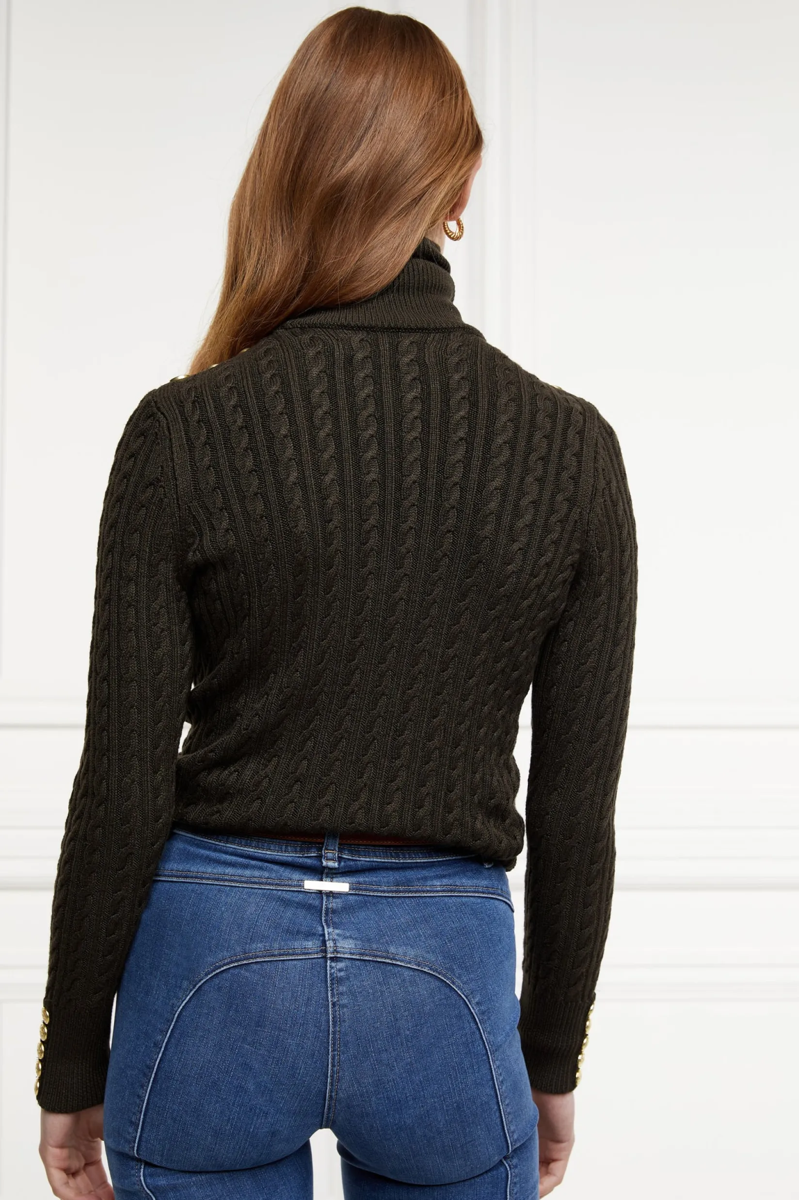 Holland Cooper Knitwear|Wardrobe Staples-Seattle Roll Neck Cable Knit Fern Green