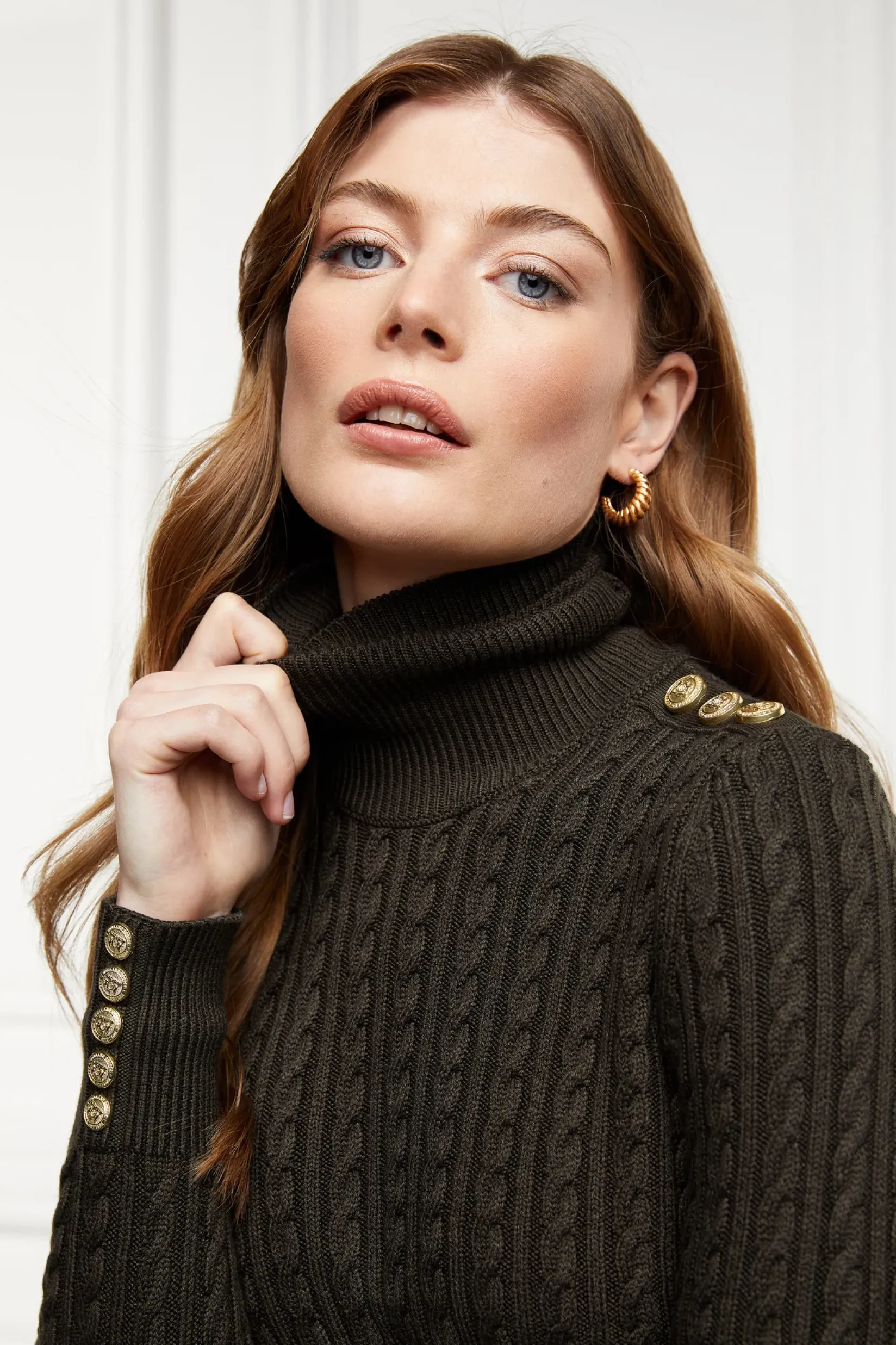 Holland Cooper Knitwear|Wardrobe Staples-Seattle Roll Neck Cable Knit Fern Green