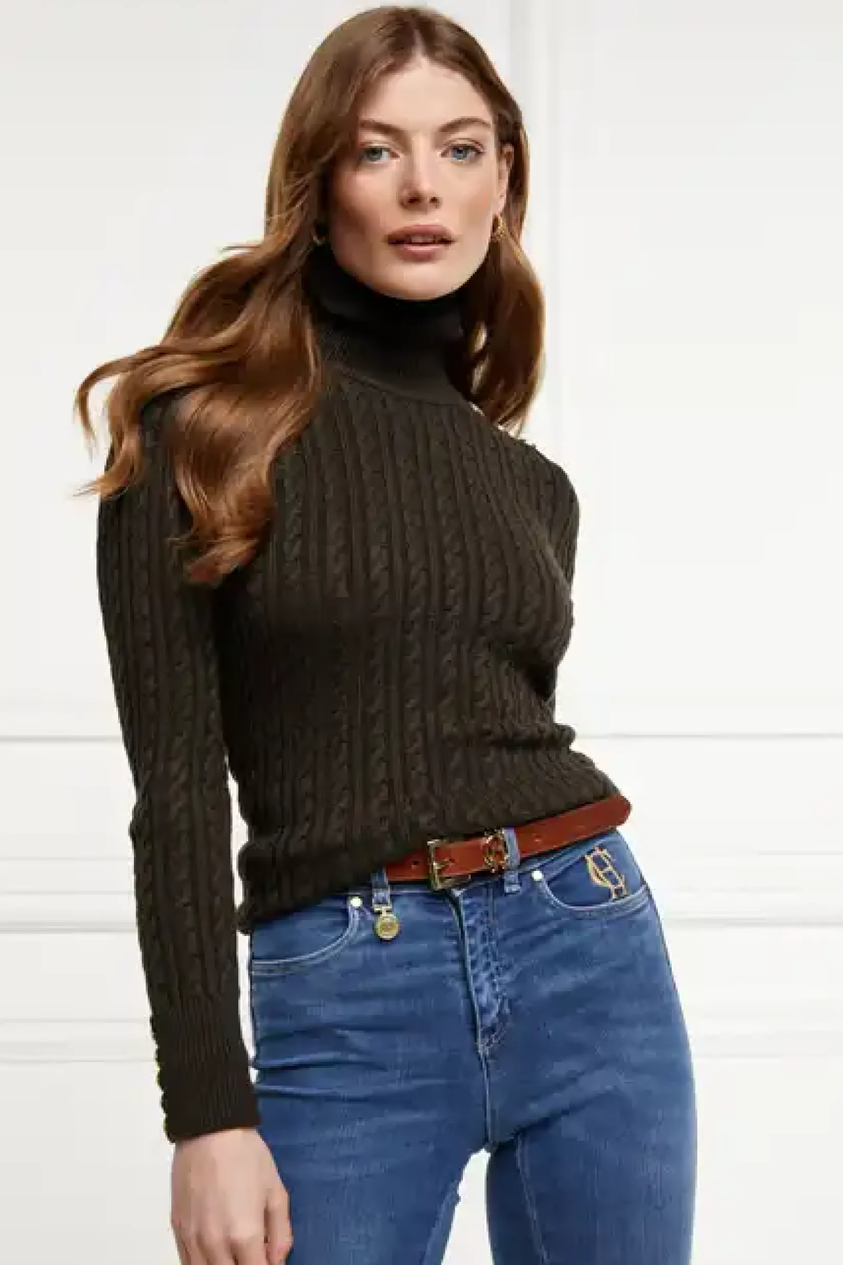 Holland Cooper Knitwear|Wardrobe Staples-Seattle Roll Neck Cable Knit Fern Green