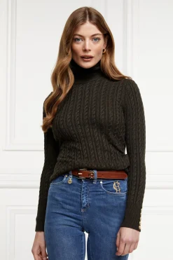 Holland Cooper Knitwear|Wardrobe Staples-Seattle Roll Neck Cable Knit Fern Green