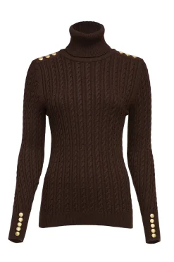 Holland Cooper Knitwear-Seattle Roll Neck Cable Knit Chocolate