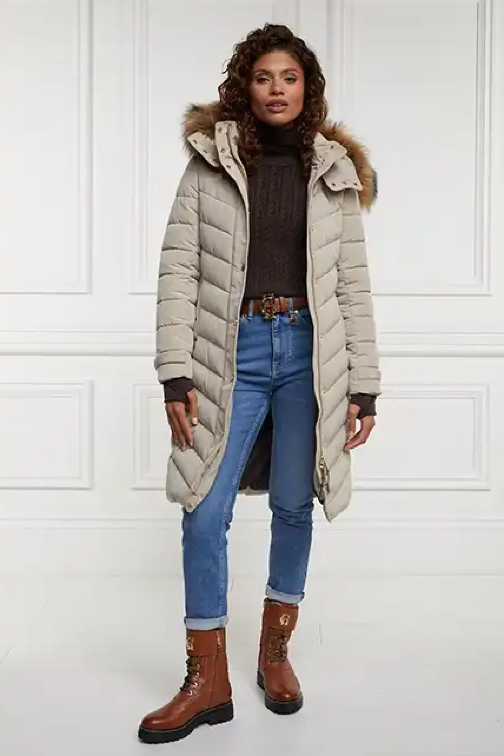 Holland Cooper Knitwear-Seattle Roll Neck Cable Knit Chocolate