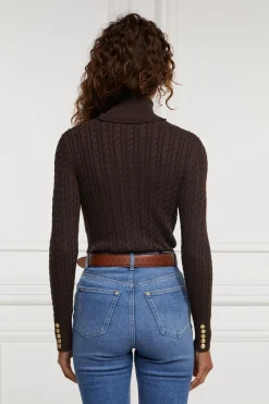 Holland Cooper Knitwear-Seattle Roll Neck Cable Knit Chocolate