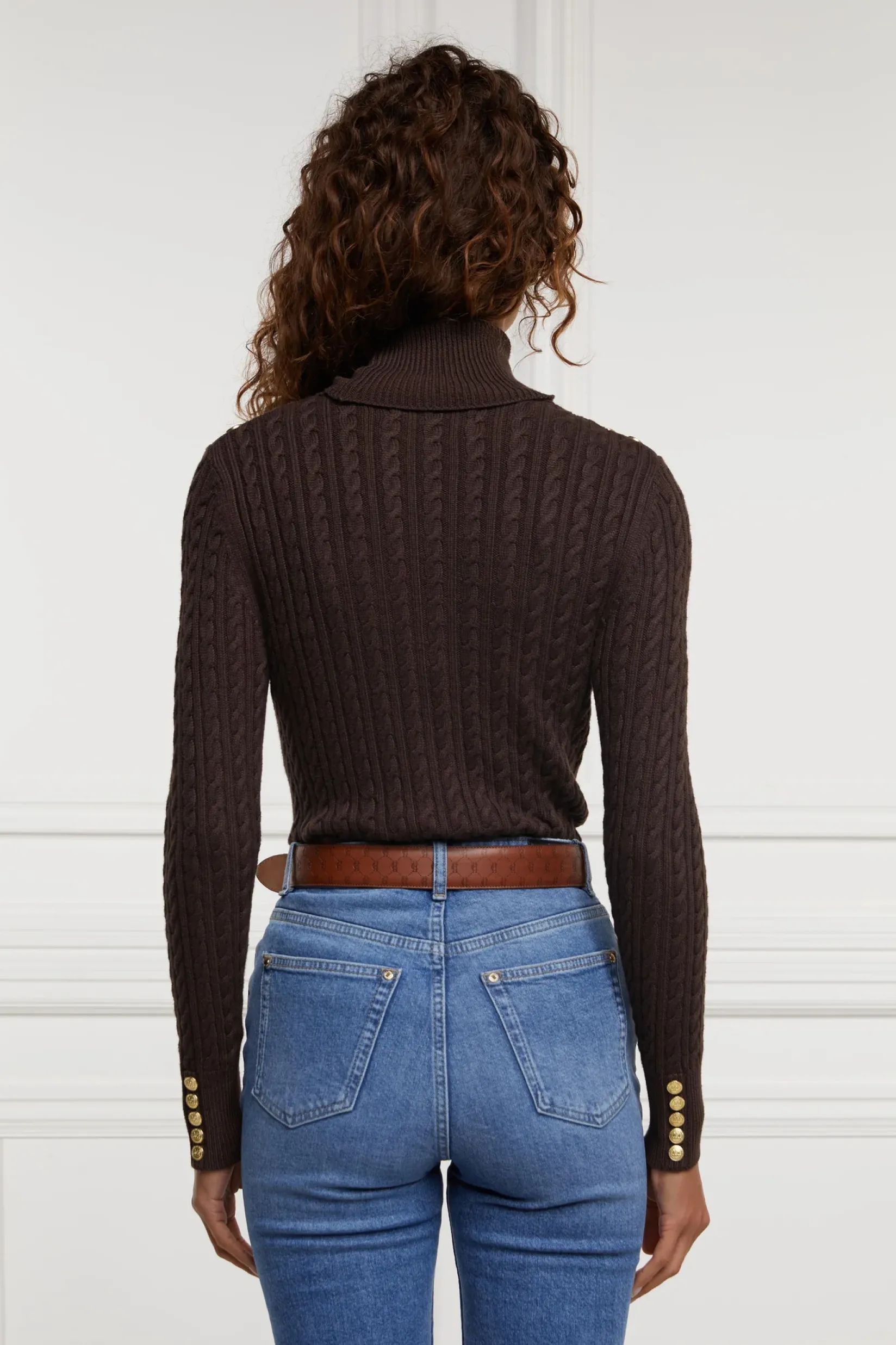 Holland Cooper Knitwear-Seattle Roll Neck Cable Knit Chocolate