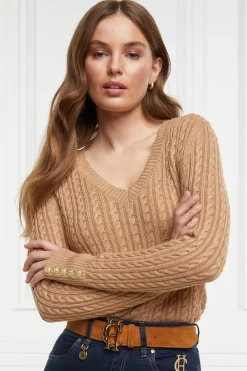 Holland Cooper Knitwear|Wardrobe Staples-Seattle V-Neck Knit Dark Camel