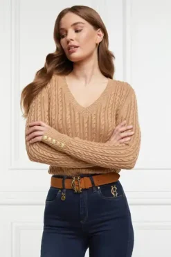 Holland Cooper Knitwear|Wardrobe Staples-Seattle V-Neck Knit Dark Camel