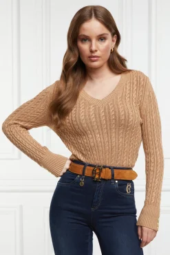 Holland Cooper Knitwear|Wardrobe Staples-Seattle V-Neck Knit Dark Camel