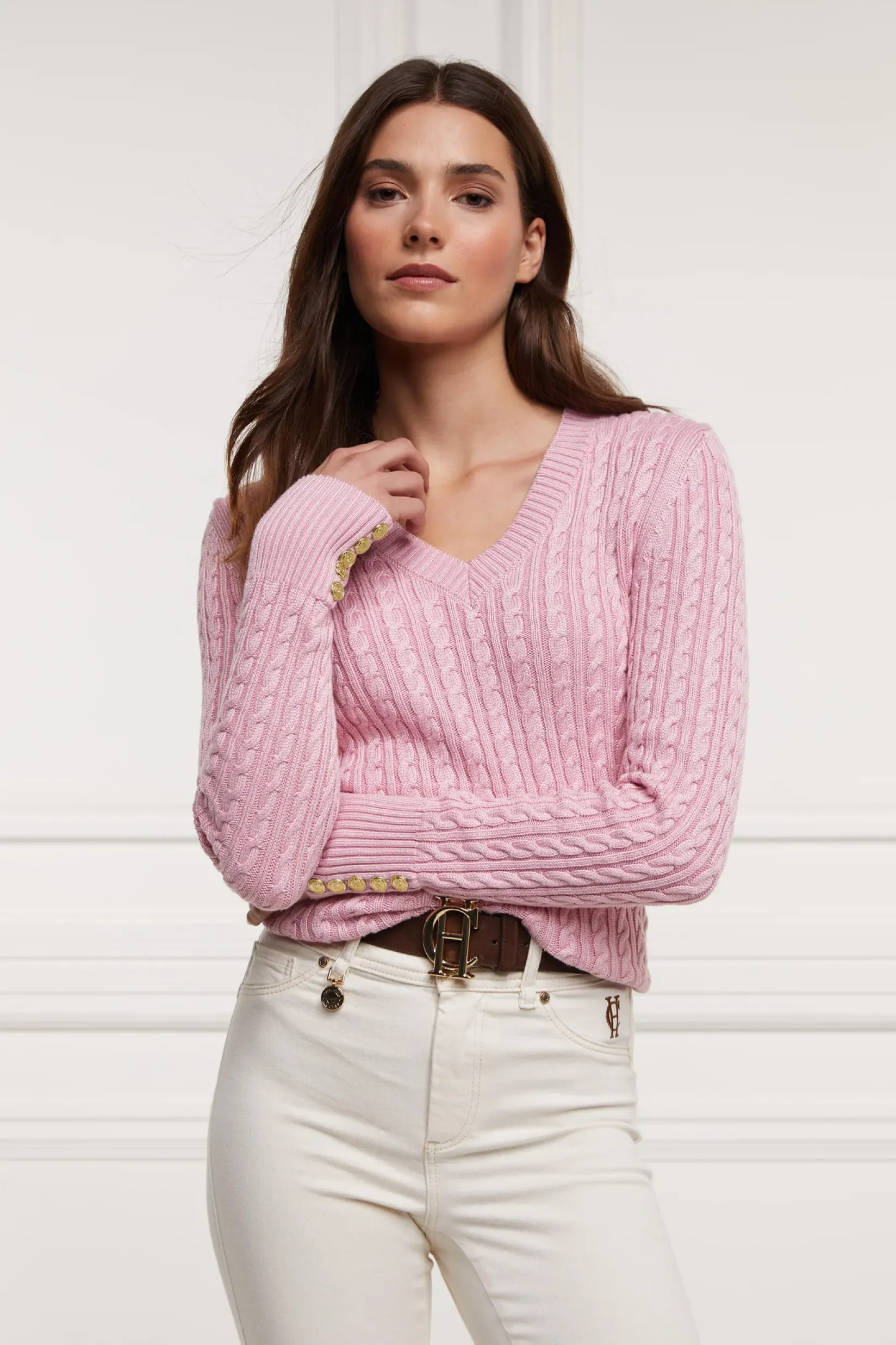 Holland Cooper Knitwear-Seattle V-Neck Knit Blush