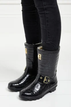 Holland Cooper Wellington Boots|Footwear-Sherpa Lined Chelsea Wellington Black Croc