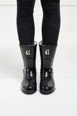 Holland Cooper Wellington Boots|Footwear-Sherpa Lined Chelsea Wellington Black Croc