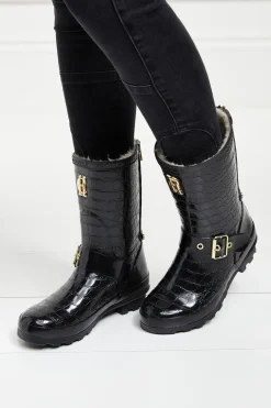 Holland Cooper Wellington Boots|Footwear-Sherpa Lined Chelsea Wellington Black Croc