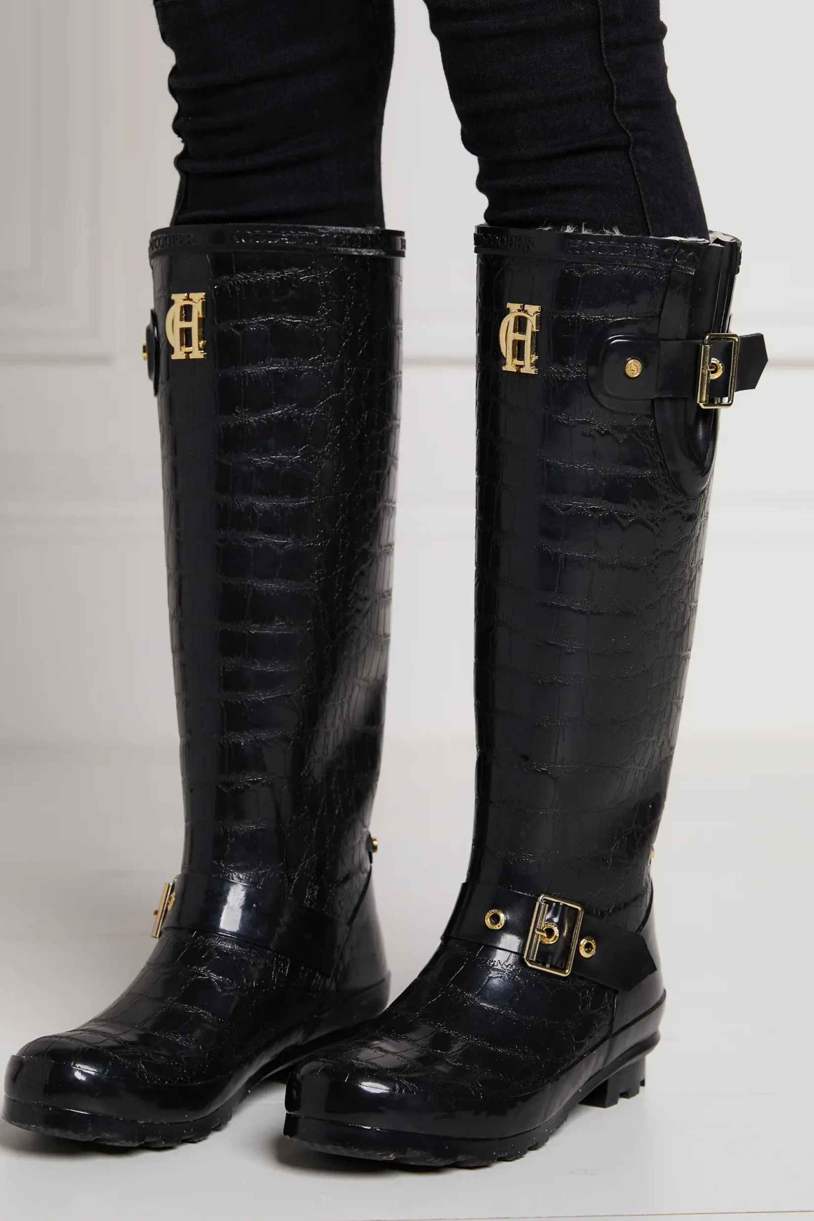 Holland Cooper Wellington Boots|Footwear-Sherpa Lined Regency Wellington Black Croc
