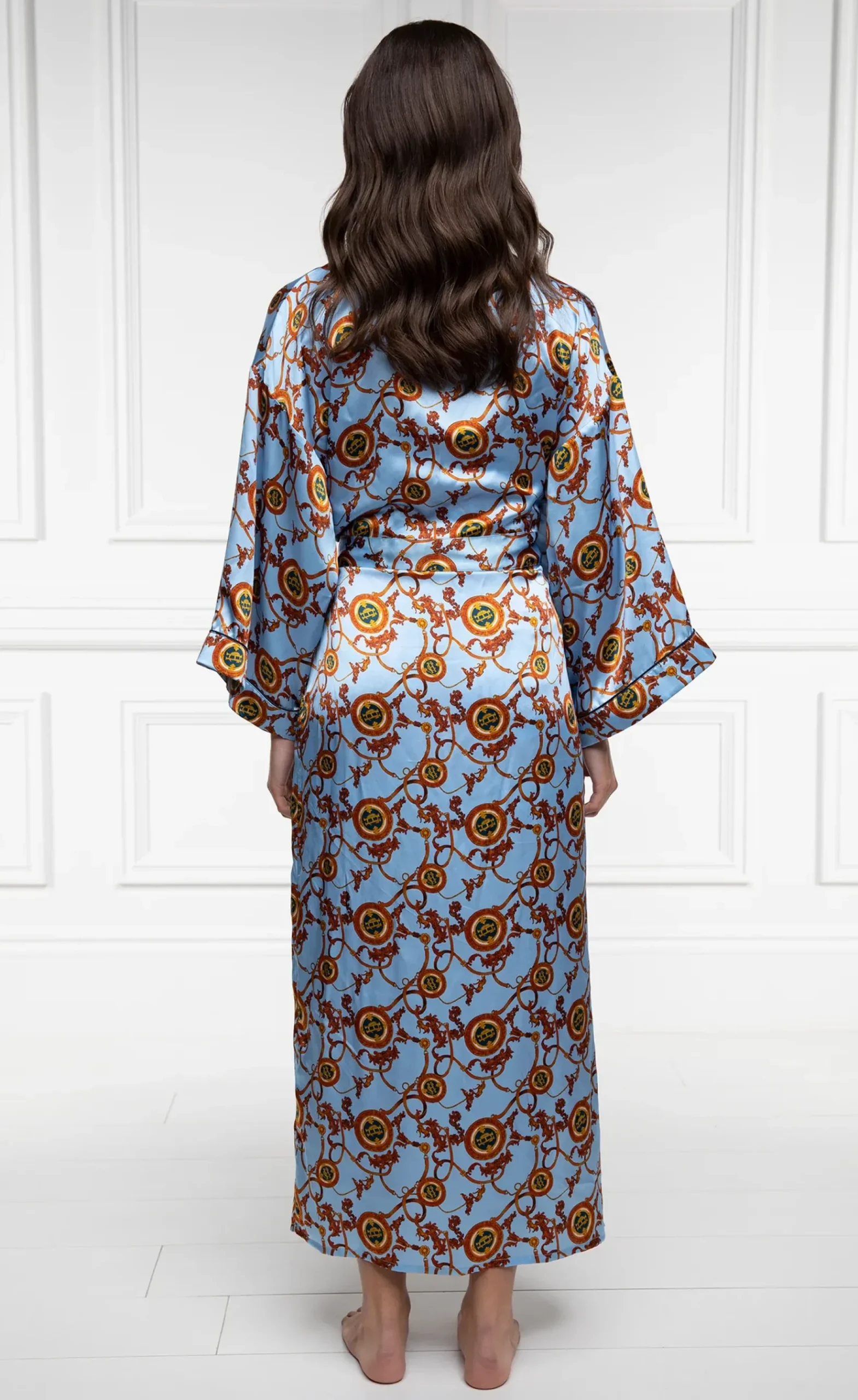 Holland Cooper Sleepwear-Silk Full Length Dressing Gown Sky Blue