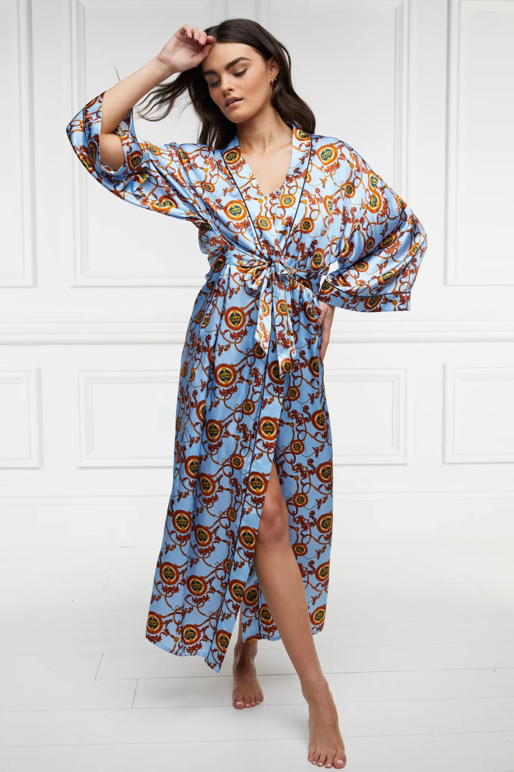 Holland Cooper Sleepwear-Silk Full Length Dressing Gown Sky Blue