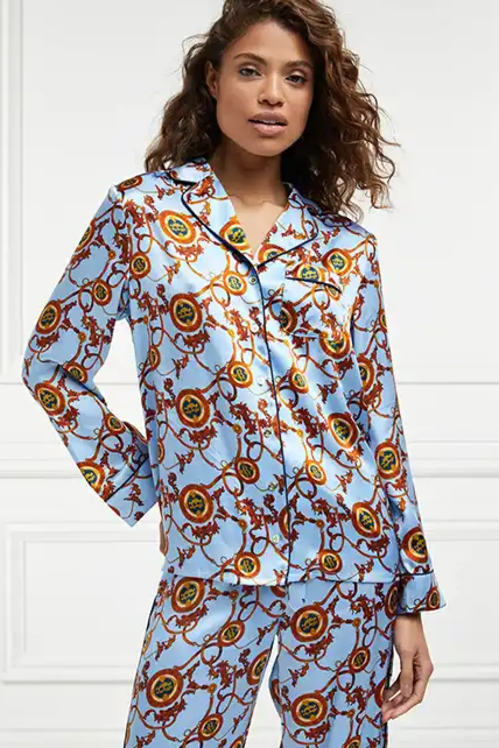 Holland Cooper Sleepwear-Silk Pyjama Shirt Sky Blue