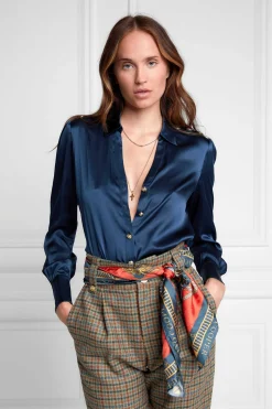 Holland Cooper Shirts & Blouses|Back In Stock-Silk V-Neck Blouse Petrol Blue