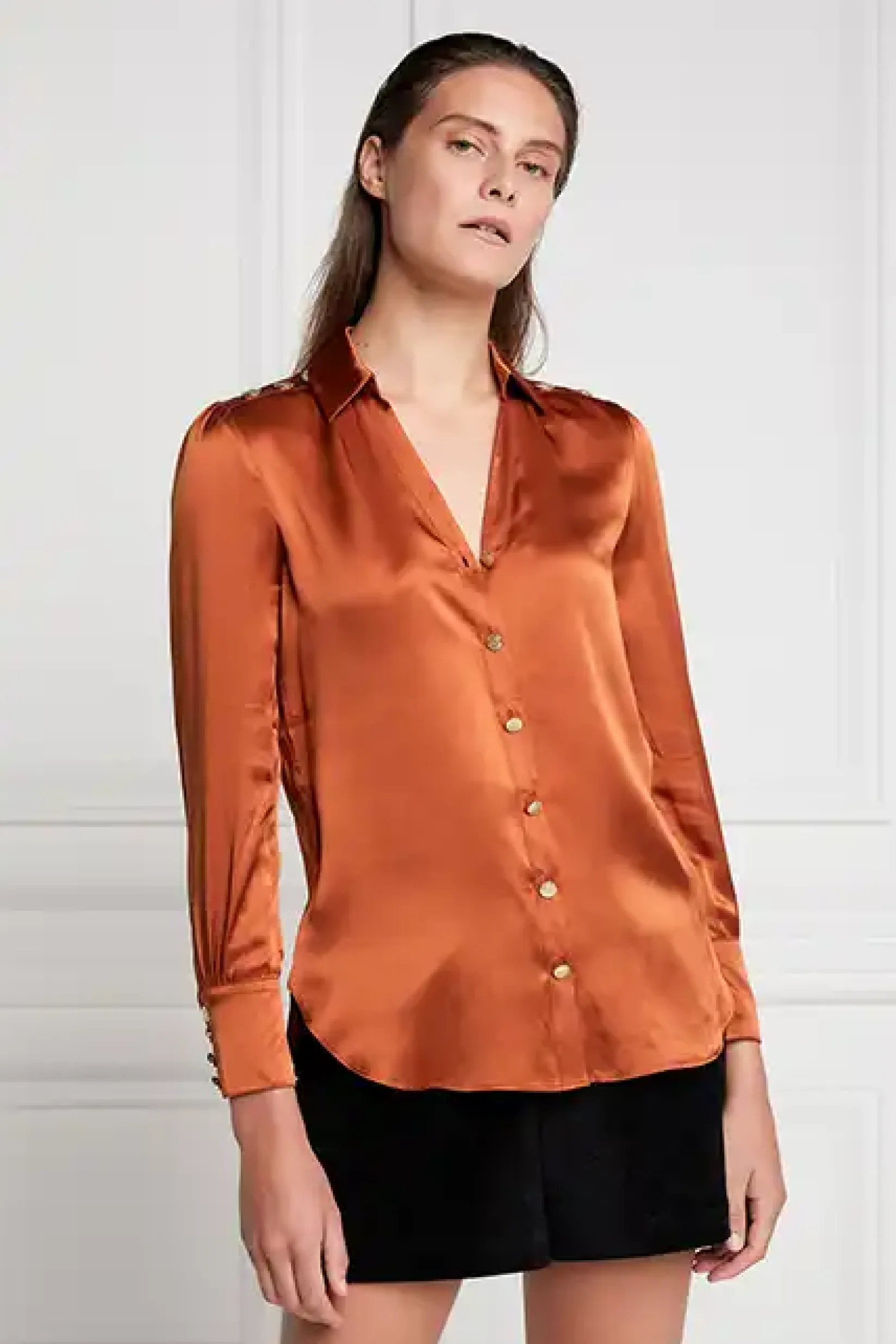 Holland Cooper Shirts & Blouses|Back In Stock-Silk V-Neck Blouse Caramel