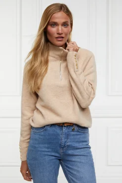 Holland Cooper Gifts For Her|Knitwear-Tori Half Zip Knit Camel