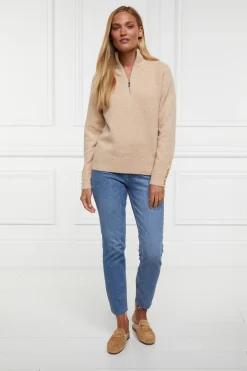 Holland Cooper Gifts For Her|Knitwear-Tori Half Zip Knit Camel