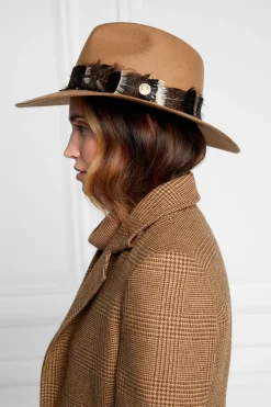Holland Cooper Hats & Headbands|Hats & Headbands-Trilby Hat Iridescent Feather Band Camel